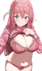 Rule 34 | 1girl, absurdres, blue eyes, blush, bocchi the rock!, bra, breasts, cleavage, clothes lift, gotoh hitori, highres, jacket, jacket lift, large breasts, long hair, looking at viewer, pink bra, pink hair, pull out, smile, solo, sunya (honorin-yuunibo), underwear