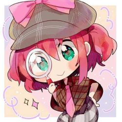 Rule 34 | 1girl, aqua eyes, artist name, artist request, blush, bow, breasts, brown corset, brown shirt, checkered clothes, checkered skirt, chibi, collared shirt, corset, detective, detective hat, female focus, green eyes, grey hat, grey skirt, hair between eyes, hand on own hip, hat, hat bow, holding, holding magnifying glass, kurosawa ruby, looking at viewer, love live!, love live! school idol festival, love live! sunshine!!, magnifying glass, miniskirt, necktie, parted lips, peaked cap, pink bow, pink necktie, plaid, plaid skirt, pleated, pleated skirt, red hair, shirt, short hair, short sleeves, skirt, smile, solo, sparkle, twintails, two side up
