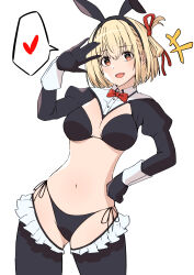 Rule 34 | 1girl, :d, absurdres, animal ear hairband, animal ears, bikini, black bikini, black gloves, black hairband, black pantyhose, blonde hair, bow, bowtie, breasts, cruzango0510, fake animal ears, frills, gloves, hairband, hand on own hip, heart, highres, looking at viewer, lycoris recoil, medium breasts, navel, nishikigi chisato, nontraditional playboy bunny, open hand, open mouth, pantyhose, rabbit ear hairband, rabbit ears, red bow, red bowtie, red eyes, short hair, shrug (clothing), side-tie bikini bottom, simple background, smile, solo, spoken hand, spoken heart, stomach, swimsuit, white background