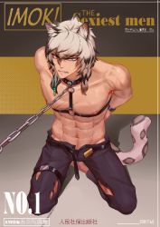 Rule 34 | 1boy, abs, animal ears, arknights, arms behind back, bare shoulders, barefoot, cat ears, cat tail, clenched teeth, collar, kneeling, leash, looking at viewer, male focus, navel, nipples, silverash (arknights), solo, sweat, tail, teeth, topless male, torn clothes, viewer holding leash, white hair, youzu (youzuyozu)