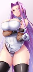 Rule 34 | 1girl, arm under breasts, black thighhighs, breast hold, breasts, cosplay, covered erect nipples, covered navel, fate/stay night, fate (series), fishnets, highres, large breasts, long hair, medusa (fate), medusa (rider) (fate), pelvic curtain, purple eyes, purple hair, shiny skin, smile, solo, standing, taimanin (series), taimanin asagi, taimanin murasaki, taimanin suit, thighhighs, very long hair, yatsu murasaki (cosplay), yuki mizore
