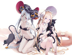 Rule 34 | 2girls, abigail williams (fate), abigail williams (swimsuit foreigner) (fate), abigail williams (swimsuit foreigner) (first ascension) (fate), abigail williams (swimsuit foreigner) (third ascension) (fate), absurdres, bare shoulders, bikini, black bikini, black bow, black cat, black jacket, blonde hair, blue eyes, bonnet, bow, breasts, cat, collarbone, colored skin, double bun, dual persona, fate/grand order, fate (series), forehead, hair bow, hair bun, highres, innertube, jacket, keyhole, kneeling, legs, long hair, looking at viewer, miniskirt, multiple bows, multiple girls, name1122, navel, off shoulder, open clothes, open jacket, open mouth, orange bow, parted bangs, pink eyes, sidelocks, simple background, sitting, skirt, small breasts, smile, swim ring, swimsuit, thighs, third eye, twintails, very long hair, white background, white bikini, white bow, white hair, white headwear, white skin