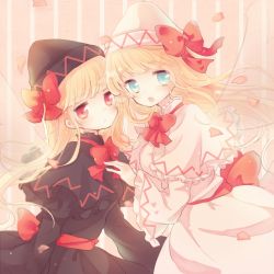 Rule 34 | 2girls, black dress, blonde hair, blue eyes, bow, dress, dual persona, closed eyes, fairy wings, hat, hat bow, karunabaru, lily black, lily white, long hair, long sleeves, multiple girls, open mouth, petals, pink dress, pink eyes, striped, striped background, touhou, vertical stripes, very long hair, wide sleeves, wings