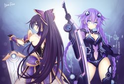 Rule 34 | 2girls, akane rose, blue eyes, braid, breasts, creator connection, crossover, date a live, highres, holding, holding sword, holding weapon, long hair, looking at viewer, medium breasts, multiple girls, neptune (neptunia), neptune (series), purple eyes, purple hair, purple heart (neptunia), ribbon, sword, twin braids, twintails, very long hair, weapon, yatogami tooka