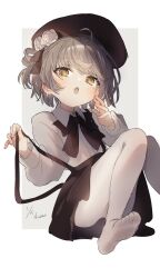 Rule 34 | 1girl, ahoge, beret, black hat, black ribbon, black skirt, blush, brown eyes, brown hair, collared shirt, dated, eyelashes, feet, feet out of frame, fingernails, flower, grey background, grey hair, hair rings, half-closed eyes, hands up, hat, hat flower, hat ribbon, hatoba tsugu, head tilt, highres, holding strap, knees together feet apart, leaning back, long sleeves, looking to the side, making-of available, medium bangs, medium hair, mole, mole under eye, neck ribbon, no shoes, open mouth, outside border, pantyhose, puffy long sleeves, puffy sleeves, raised eyebrows, ribbon, sha2mo, shadow, shirt, shirt tucked in, sidelocks, signature, simple background, sitting, skirt, solo, strap slip, suspender skirt, suspenders, suspenders slip, swept bangs, tsugu (vtuber), upskirt, virtual youtuber, white background, white flower, white pantyhose, white shirt
