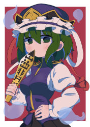 Rule 34 | 1girl, 6gd7b, blue hat, border, breasts, frilled hat, frills, ghost, green eyes, green hair, hat, highres, holding, juliet sleeves, long sleeves, looking at viewer, medium breasts, puffy sleeves, red background, rod of remorse, shiki eiki, short hair, simple background, solo, touhou, upper body, white border