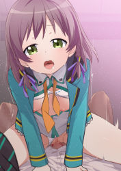 Rule 34 | 1girl, arisugawa tsubasa, blush, bra, bra lift, breasts, breasts out, clothed sex, clothing aside, cowgirl position, girl on top, green eyes, highres, looking at viewer, morisobo, nipples, open mouth, panties, panties aside, pov, purple hair, raramagi, riding, sex, short hair, straddling, tears, tongue, tongue out, underwear