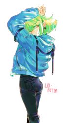 Rule 34 | 1boy, arms up, ass, bae (baebae), blue jacket, earrings, green hair, highres, jacket, jewelry, leather, leather pants, lio fotia, male focus, pants, promare, purple eyes, solo, trap, yellow eyes