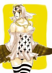 Rule 34 | 1girl, alabasta, bandana, breasts, cleavage, facial mark, feathers, female focus, genderswap, genderswap (mtf), headband, jewelry, looking at viewer, necklace, one piece, pell, simple background, solo, striped clothes, striped thighhighs, thighhighs, wings, yellow background, yellow eyes