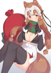 Rule 34 | 1girl, animal ear fluff, animal ears, bell, bikini, bikini top only, black bikini, black gloves, black thighhighs, blush, bow, box, breasts, brown hair, capelet, cleavage, cosplay, elbow gloves, fate/grand order, fate (series), fur-trimmed capelet, fur-trimmed gloves, fur trim, gift, gift box, gloves, green ribbon, headpiece, highres, jeanne d&#039;arc (fate), jeanne d&#039;arc alter santa lily (fate), jeanne d&#039;arc alter santa lily (fate) (cosplay), kusubii, large breasts, long hair, multicolored bow, multicolored ribbon, raccoon ears, raccoon girl, raccoon tail, raphtalia, red eyes, ribbon, sack, simple background, smile, solo, striped bow, striped ribbon, swimsuit, tail, tate no yuusha no nariagari, thighhighs, very long hair, white background, white capelet