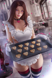 Rule 34 | 1girl, apron, blurry, blurry background, bottle, breasts, brown hair, choker, collarbone, cookie, cup, drinking glass, dutch angle, final fantasy, final fantasy xiv, food, forehead, frilled apron, frills, heart, heart choker, hyur, lips, long hair, medium breasts, naked apron, olchas, oven mitts, petals, purple eyes, sideboob, signature, skindentation, smile, solo, striped clothes, striped thighhighs, thighhighs, valentine, warrior of light (ff14), wine bottle, wine glass