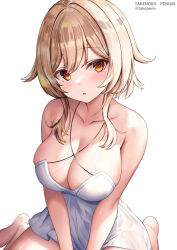 Rule 34 | 1girl, artist name, bare shoulders, barefoot, blonde hair, blush, breasts, cleavage, collarbone, genshin impact, highres, large breasts, looking at viewer, lumine (genshin impact), short hair, solo, takenoko pengin, white background, yellow eyes