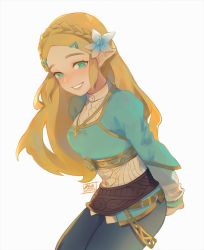 Rule 34 | 1girl, arms behind back, artist name, blonde hair, blue shirt, blush, braid, breasts, collar, commentary request, flower, green eyes, grey pants, hair flower, hair ornament, hairclip, happy, long hair, long sleeves, looking at viewer, nintendo, open mouth, pants, parted bangs, pointy ears, princess zelda, shirt, sidelocks, silent princess, simple background, smile, solo, standing, teeth, the legend of zelda, the legend of zelda: breath of the wild, thick eyebrows, upper body, white background, white flower, xiaociiao