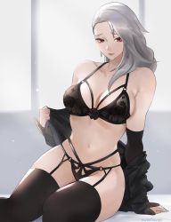 Rule 34 | 1girl, arm support, bare shoulders, black thighhighs, breasts, cleavage, earrings, elbow gloves, garter straps, gloves, grey background, hair over one eye, highres, jewelry, large breasts, lingerie, long hair, multi-strapped bra, multi-strapped panties, navel, niijima sae, on bed, persona, persona 5, red eyes, removing jacket, silver hair, skindentation, thighhighs, tommy (kingdukeee), underwear
