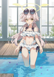 Rule 34 | 1girl, absurdres, bikini, blue archive, breasts, collarbone, commentary, eyewear on head, frilled bikini, frills, halo, hifumi (blue archive), hifumi (swimsuit) (blue archive), highres, light brown hair, long hair, looking at viewer, low twintails, navel, open mouth, pool, shao (shaorouhong), small breasts, solo, sunglasses, swimsuit, twintails, white bikini, window, yellow eyes