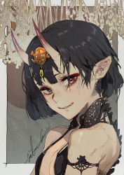 1girl bare_shoulders black_hair blush breasts brown_eyes eyeliner fang fang_out fate/grand_order fate_(series) grin hat highres hiranko horns long_hair looking_at_viewer makeup oni ponytail short_hair shuten_douji_(fate) skin-covered_horns small_breasts smile solo