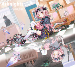 Rule 34 | 1girl, 1other, absurdres, animal ears, arknights, black hairband, black jacket, black skirt, braid, cat ears, cat girl, cat tail, character name, checkered floor, commentary request, copyright name, different reflection, doctor (arknights), frilled skirt, frills, goldenglow (arknights), hair between eyes, hair over shoulder, hairband, highres, hood, hood up, hooded jacket, indoors, jacket, kanshio, lightning bolt print, long hair, long sleeves, on floor, open clothes, open jacket, parted lips, pink footwear, pink hair, puffy long sleeves, puffy sleeves, reflection, ribbed legwear, shoes, single braid, skirt, staff, tail, thighhighs, white thighhighs, yellow eyes