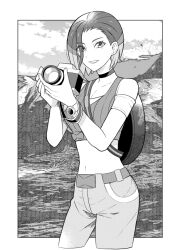 1girl backpack bag breasts camera creatures_(company) crop_top game_freak greyscale holding holding_camera looking_at_viewer medium_breasts monochrome multicolored_hair navel nintendo outdoors pants perrin_(pokemon) pokemon pokemon_sv short_hair solo tiihatanono