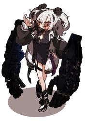 Rule 34 | 1girl, amonitto, animal ears, arknights, black dress, black hair, blush, breasts, china dress, chinese clothes, cleavage, dress, feater (arknights), grey hair, hair between eyes, hand on own hip, highres, jacket, long sleeves, looking at viewer, material growth, mechanical arms, medium breasts, multicolored hair, open clothes, open jacket, open mouth, oripathy lesion (arknights), panda ears, panda girl, red eyes, round eyewear, simple background, solo, standing, streaked hair, sunglasses, twintails