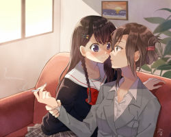 Rule 34 | 2girls, age difference, black hair, blush, bow, bowtie, braid, brown eyes, brown hair, cigarette, closed mouth, commentary request, couch, couple, day, earrings, eye contact, face-to-face, female focus, formal, grey jacket, grey nails, grey skirt, hair ornament, hairclip, hairpin, holding another&#039;s wrist, imminent kiss, indoors, jacket, jewelry, lips, long hair, long sleeves, looking at another, mole, mole under eye, multiple girls, nail polish, neck, nekozuki yuki, original, parted lips, picture frame, plaid, plaid skirt, purple eyes, red neckwear, school uniform, serafuku, side braids, signature, sitting, skirt, smoking, suit, sweatdrop, upper body, v-shaped eyebrows, window, yuri