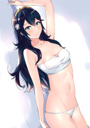 Rule 34 | 1girl, ameno (a meno0), arm up, blue eyes, blue hair, breasts, collarbone, fire emblem, fire emblem awakening, hair ornament, light blush, long hair, looking at viewer, lucina (fire emblem), nintendo, panties, small breasts, smile, solo, strapless, symbol-shaped pupils, tiara, tube top, underwear, white panties