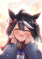 Rule 34 | 1boy, 1girl, :d, ^ ^, ahoge, animal ears, black hair, blue sailor collar, blush, bow, closed eyes, commentary request, facing viewer, fringe trim, hair between eyes, hair ornament, hands on another&#039;s face, highres, horse ears, kitasan black (umamusume), long sleeves, multicolored hair, open mouth, sailor collar, scarf, school uniform, smile, solo focus, soramuko, streaked hair, tracen school uniform, two side up, umamusume, white bow, white hair