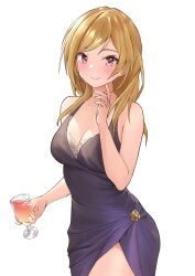 Rule 34 | 1girl, absurdres, armpit crease, b1ack illust, bare arms, bare shoulders, black dress, blonde hair, blush, breasts, cleavage, closed mouth, cocktail dress, commentary request, cowboy shot, cup, dress, drink, drinking glass, hand up, highres, holding, holding cup, idolmaster, idolmaster million live!, long hair, looking at viewer, medium breasts, momose rio, pink eyes, side slit, simple background, sleeveless, sleeveless dress, smile, solo, standing, swept bangs, white background