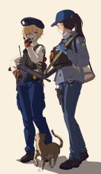 Rule 34 | 2girls, absurdres, baseball cap, battle rifle, beret, blonde hair, blue eyes, blue gloves, blue pants, blue shirt, brown eyes, brown hair, bulletproof vest, bypos, cat, commentary, english commentary, full body, gloves, grey background, gun, h&amp;k g3, hat, headset, highres, holding, holding gun, holding weapon, long hair, long sleeves, looking at another, mask, megaphone, mexican flag, mexico, mouth mask, multiple girls, orange gloves, original, pants, ponytail, rifle, shadow, shirt, short hair, simple background, sketch, surgical mask, unfinished, weapon, white shirt