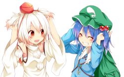 Rule 34 | 2girls, :d, animal ears, arms up, backpack, bag, blue hair, blush, cabbie hat, chikuwa savy, detached sleeves, closed eyes, floppy ears, grin, hair bobbles, hair ornament, hat, inubashiri momiji, kawashiro nitori, key, long sleeves, multiple girls, open mouth, playing with own hair, pom pom (clothes), red eyes, smile, teeth, tokin hat, touhou, two side up, upper body, white background, white hair, wide sleeves, wolf ears