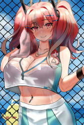 Rule 34 | 1girl, acelim, azur lane, bare shoulders, blue sky, bow, breasts, bremerton (azur lane), bremerton (scorching-hot training) (azur lane), chain-link fence, cleavage, collared shirt, cowboy shot, crop top, fence, grey hair, hair between eyes, hair bow, hair ornament, hairclip, heart, heart necklace, highres, jewelry, large breasts, long hair, mole, mole on breast, mole under eye, multicolored hair, necklace, pink eyes, pink hair, see-through, shirt, sky, sleeveless, sleeveless shirt, smile, standing, streaked hair, sweat, twintails, two-tone hair, two-tone shirt, x hair ornament