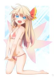 Rule 34 | 1girl, :d, ahoge, bare shoulders, barefoot, bikini, blonde hair, blue eyes, breasts, commentary request, fairy wings, full body, hair between eyes, hair ribbon, highres, interlocked fingers, kneeling, lily white, long hair, looking at viewer, o-ring, o-ring bikini, open mouth, pink bikini, ribbon, small breasts, smile, solo, swimsuit, touhou, wings, yutamaro