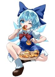 Rule 34 | 1girl, absurdres, blue bow, blue dress, blue eyes, blue hair, blush, bow, brown footwear, cirno, collared shirt, dress, eating, fairy, food, full body, hair between eyes, hair bow, highres, holding, ice, ice wings, mikan (manmarumikan), one eye closed, open mouth, puffy short sleeves, puffy sleeves, shirt, shoes, short hair, short sleeves, simple background, smile, socks, solo, takoyaki, touhou, white background, white shirt, white socks, wings