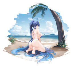 Rule 34 | 1girl, absurdly long hair, absurdres, ass, azur lane, beach, bikini, blue eyes, blue hair, breasts, day, from behind, full body, highres, large breasts, long hair, looking at viewer, looking back, new jersey (azur lane), new jersey (midsummer leisure) (azur lane), official alternate costume, outdoors, palm tree, ponytail, sand, solo, string bikini, suo bu ye feng, swimsuit, tree, very long hair