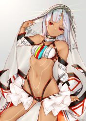 Rule 34 | 10s, 1girl, altera (fate), bad id, bad pixiv id, bare shoulders, black nails, blunt bangs, breasts, choker, closed mouth, collarbone, dark-skinned female, dark skin, detached sleeves, fate/extella, fate/extra, fate/grand order, fate (series), gluteal fold, hand up, headdress, jewelry, midriff, nail polish, narrow waist, navel, pikkumyy, red eyes, short hair, showgirl skirt, simple background, skirt, small breasts, solo, tagme, tattoo, thighs, upper body, veil, white background, white hair, wide hips