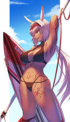 Rule 34 | 1girl, animal ears, arm behind head, arm up, armpits, bare shoulders, bikini, black bikini, blue eyes, blue sky, body markings, breasts, caenis (fate), caenis (swimsuit rider) (fate), caenis (swimsuit rider) (first ascension) (fate), cleavage, collarbone, fate/grand order, fate (series), goggles, hairband, harpoon, highres, juunishi aya, large breasts, long hair, looking to the side, navel, open mouth, sky, smile, solo, surfboard, swimsuit, thighs, very long hair, white hair