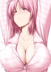 Rule 34 | 1girl, ^^^, arms up, blush, breasts, bursting breasts, buttons, cleavage, closed eyes, closed mouth, collarbone, collared shirt, commentary request, frown, large breasts, motion blur, no bra, nori tamago, nose blush, pajamas, pink hair, pink pajamas, popped button, saigyouji yuyuko, shirt, short hair, simple background, solo, speed lines, sweat, touhou, upper body, white background