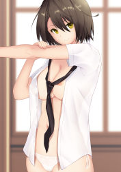 Rule 34 | 1girl, 27-nichi, areola slip, azur lane, baltimore (after-school ace) (azur lane), baltimore (azur lane), black necktie, blurry, blurry background, braid, breasts, brown hair, cleavage, closed mouth, commentary request, cowboy shot, eyebrows hidden by hair, french braid, hair between eyes, highres, indoors, large breasts, looking at viewer, loose necktie, navel, necktie, official alternate costume, open clothes, open shirt, panties, shirt, short hair, short sleeves, side-tie panties, sidelocks, smile, solo, standing, stomach, stretching, underwear, white panties, white shirt, yellow eyes