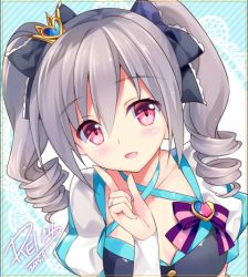 Rule 34 | 10s, 1girl, drill hair, idolmaster, idolmaster cinderella girls, kanzaki ranko, long hair, lowres, open mouth, red eyes, rei (rei&#039;s room), silver hair, smile, solo, star!!, striped, striped background, twin drills, twintails
