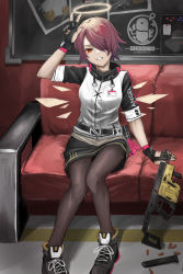 Rule 34 | 1girl, arknights, arm support, arm up, belt, belt pouch, bird, black belt, black footwear, black gloves, black pantyhose, black sleeves, boots, cartridge, chalkboard, commentary, couch, energy wings, exusiai (arknights), fingerless gloves, floor, gloves, grin, gun, hair over one eye, halo, hand on own head, hand up, head tilt, highres, indoors, jacket, kriss vector, magazine (weapon), map, miniskirt, name tag, on couch, pantyhose, penguin, penguin logistics logo, photo (object), pink ribbon, pouch, red hair, ribbon, shell casing, shoelaces, short hair, sitting, skirt, sleeves rolled up, smile, solo, submachine gun, takariyo, w, wall, weapon, white jacket, zipper