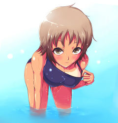 Rule 34 | 1girl, bad id, bad pixiv id, bent over, bikini tan, blush, breasts, brown eyes, brown hair, cleavage, clothes pull, kasai shin, one-piece swimsuit, one-piece swimsuit pull, pulling own clothes, school swimsuit, solo, swimsuit, tan, tanline, wading, water, wet