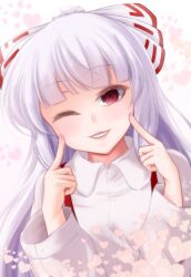 Rule 34 | 1girl, ;), blunt bangs, bow, collared shirt, commentary, fingers to cheeks, fingersmile, fujiwara no mokou, hair bow, hands up, highres, lips, long hair, looking at viewer, one eye closed, parted lips, red eyes, riria (liry a flower), shirt, smile, solo, suspenders, touhou, upper body, white bow, white hair, white shirt