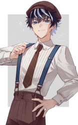 Rule 34 | 1boy, black hair, blue eyes, brown headwear, brown pants, brown shirt, charlemagne (fate), closed mouth, collared shirt, fate/grand order, fate (series), fomnant, hand on own hip, highres, long sleeves, looking at viewer, male focus, multicolored hair, pants, ribbed shirt, shirt, shirt tucked in, simple background, smile, solo, streaked hair, suspenders, two-tone hair, upper body, white hair, white shirt