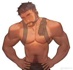 Rule 34 | 1boy, abs, absurdres, backpack, bag, bara, beard, check copyright, cigarette, copyright request, cowboy shot, facial hair, highres, large pectorals, leaning forward, looking at viewer, male focus, mature male, microphone, muscular, muscular male, navel, navel hair, nipples, original, pectorals, short hair, solo, stomach, thick eyebrows, topless male, xiedaifenshi (7329016845)