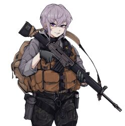 Rule 34 | 1girl, ar-18, black gloves, camouflage, camouflage pants, chest rig, epakim, gloves, green pants, grey jacket, jacket, looking at viewer, optical sight, original, pants, purple eyes, purple hair, sketch, smile, solo, trigger discipline, white background, woodland camouflage