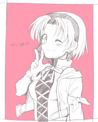 Rule 34 | 1girl, bad id, bad pixiv id, belt, breasts, cecilia lynne adelhyde, character name, coat, commentary request, cross-laced clothes, dress, earrings, hairband, highres, jewelry, looking at viewer, monochrome, pink background, shirt, short hair, simple background, smile, solo, wild arms, wild arms 1, yururi-ra