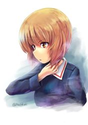 Rule 34 | 1girl, blue jacket, brown eyes, brown hair, buchikaki, commentary, cropped torso, girls und panzer, hand on own neck, jacket, long sleeves, looking to the side, military, military uniform, nishizumi miho, ooarai military uniform, parted lips, serious, short hair, solo, throat microphone, twitter username, uniform, upper body