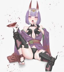 Rule 34 | 1girl, absurdres, ankle ribbon, bare shoulders, blush, bob cut, breasts, bridal gauntlets, collarbone, cup, eyeliner, fate/grand order, fate (series), headpiece, highres, horns, japanese clothes, kimono, knee up, leg ribbon, legs, long sleeves, looking at viewer, makeup, nail polish, obi, off shoulder, oni, open mouth, purple eyes, purple hair, purple kimono, red ribbon, revealing clothes, ribbon, sakazuki, sash, short hair, shuten douji (fate), simple background, skin-covered horns, small breasts, spread legs, toenail polish, toenails, tongue, tongue out, user ryuk4282, white background, wide sleeves