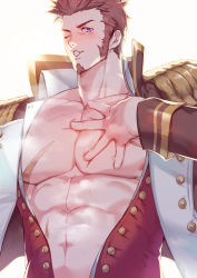 1boy, abs, bara, bare pecs, blue eyes, blush, brown hair, buttons, epaulettes, facial hair, fate/grand order, fate (series), fringe trim, goatee, highres, jacket, large pectorals, long sideburns, male focus, mature male, muscular, muscular male, napoleon bonaparte (fate), navel, nipple slip, nipples, one eye closed, open clothes, open jacket, open shirt, pectoral press, pointing, pointing at self, scar, scar on chest, short hair, solo, stomach, sweatdrop, upper body, waku (ayamix)