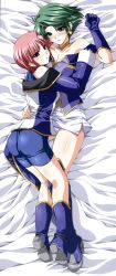Rule 34 | 2girls, age difference, arm up, ass, aya kobayashi, banpresto, bare shoulders, bed, bed sheet, between thighs, bike shorts, blush, body blush, boots, breasts, choker, cleavage, clothes lift, earrings, elbow gloves, embarrassed, flat chest, from above, gloves, green eyes, green hair, halterneck, high heels, highres, hug, jewelry, knee boots, kneepits, large breasts, lipstick, looking at viewer, lying, mai kobayashi, makeup, mature female, miniskirt, multiple girls, off shoulder, on back, on side, panties, pantyshot, parted bangs, purple eyes, scan, shinano yura, shiny clothes, shoes, short hair, siblings, side slit, sidelocks, sisters, skirt, skirt lift, spandex, spread legs, super robot wars, thigh boots, thighhighs, underwear, white panties, yuri