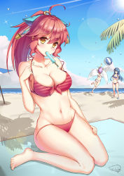 Rule 34 | 3girls, absurdres, blue eyes, blue hair, blush, breasts, character request, cleavage, copyright request, food, highres, jayce (shinmai), large breasts, long hair, looking at another, looking at viewer, multiple girls, navel, ponytail, popsicle, purple hair, red hair, short hair, sitting, wariza, wings, yellow eyes